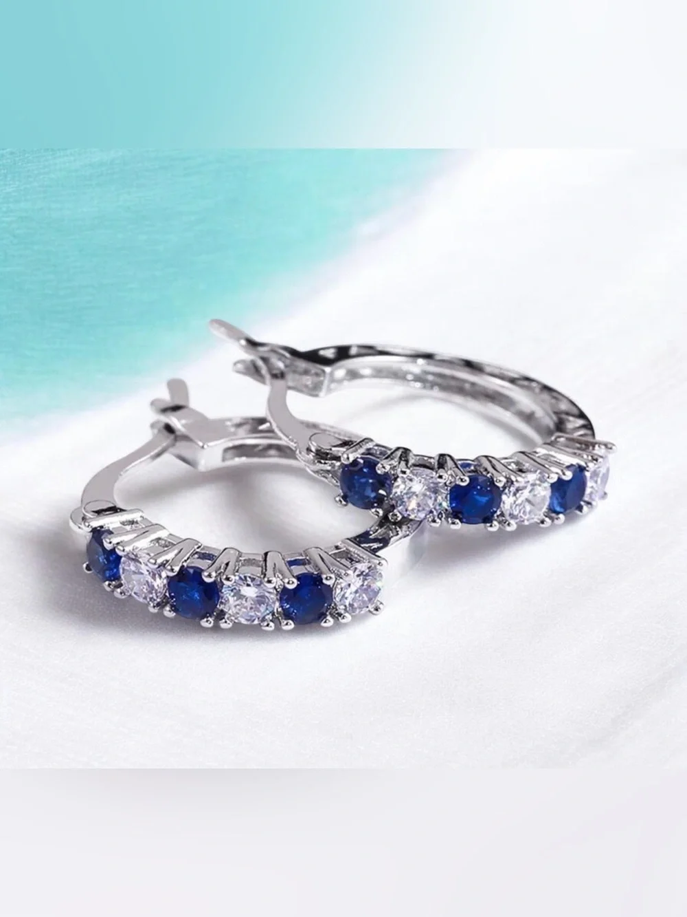 Silver Blue and CZ Hoop Earrings